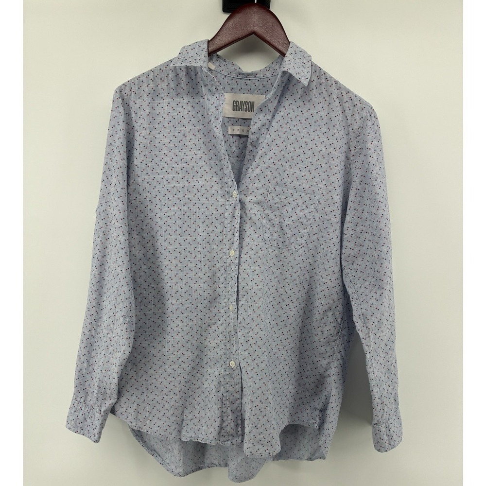 Grayson The Hero Blue White Pinstripe Star Print Cotton Button Down Shirt Size 4